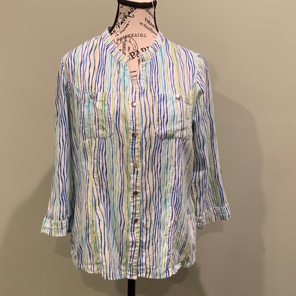 Coral Bay Women’s Medium Petite Linen Blend Striped 3/4 Sleeve Button Up Shirt